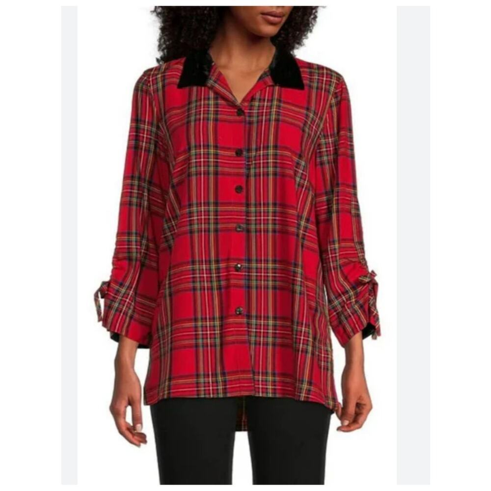 John Mark Womens Tunic Top Size M Red Plaid Wire Velvet Collar Oversized Indie